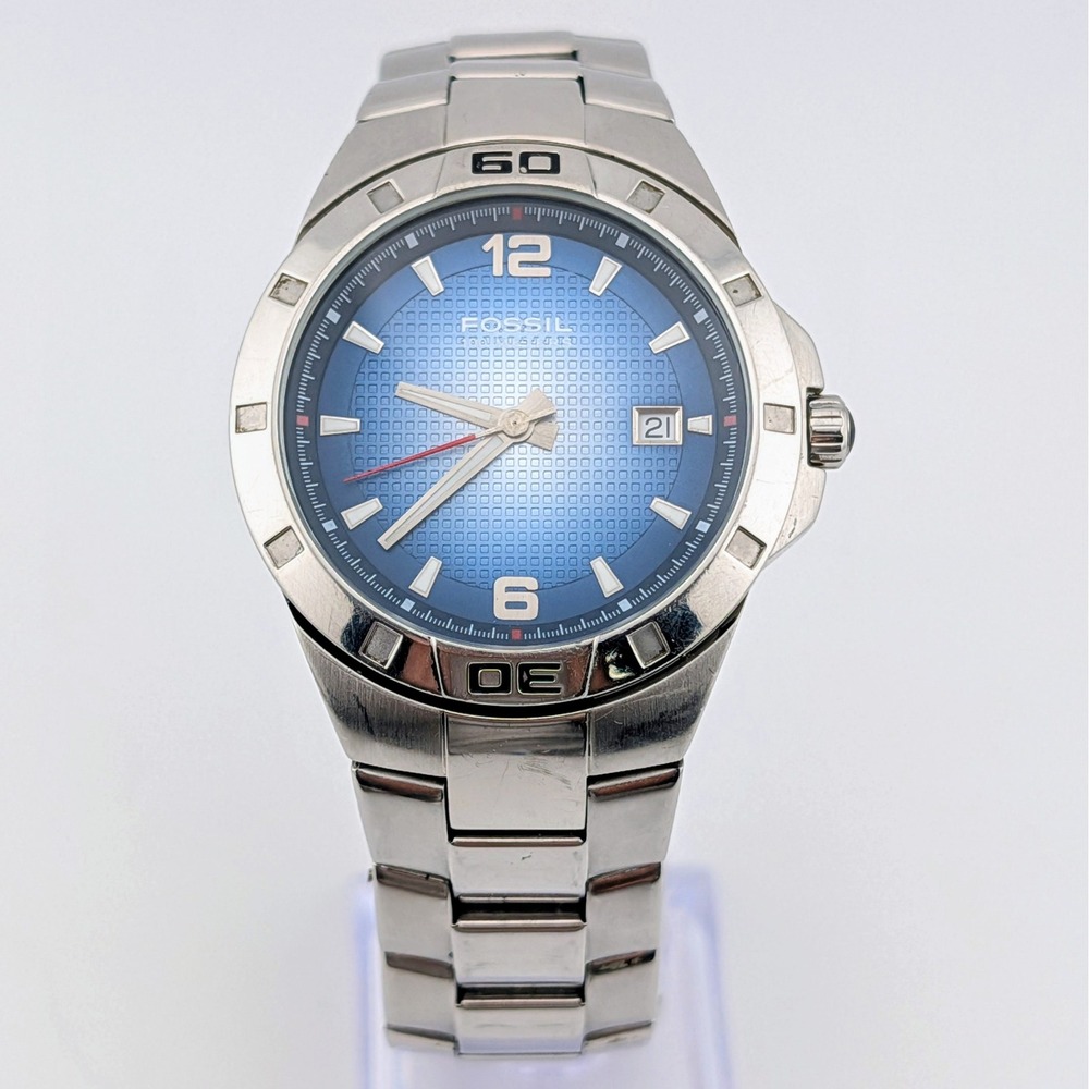 Fossil Blue AM-4017 Men's 42mm Blue Dial Stainless Steel Quartz Watch 8" Runs